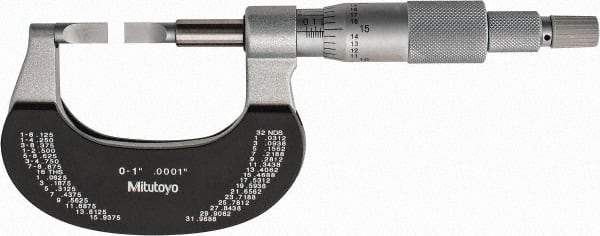 Mitutoyo - 0" to 1" Mechanical Satin Chrome Coated with Thermal Shield Blade Micrometer - 0.0002" Accuracy, 0.0001" Graduation, 0.75mm Blade Thickness, Ratchet Stop Thimble - Americas Industrial Supply