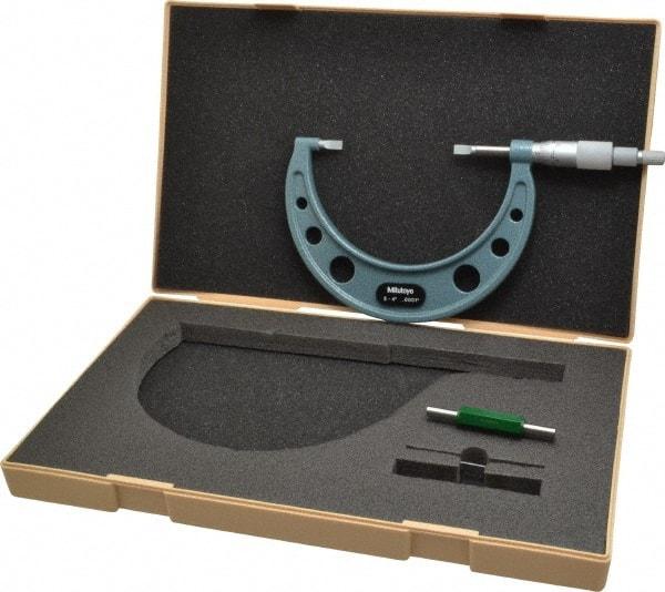 Mitutoyo - 3" to 4" Mechanical Hammertone Green Coated Blade Micrometer - 0.0002" Accuracy, 0.0001" Graduation, 0.75mm Blade Thickness, Ratchet Stop Thimble - Americas Industrial Supply