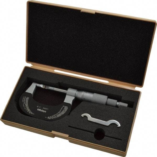 Mitutoyo - 0" to 1" Mechanical Baked Enamel Coated Blade Micrometer - 0.0002" Accuracy, 0.0001" Graduation, 0.4mm Blade Thickness, Ratchet Stop Thimble - Americas Industrial Supply