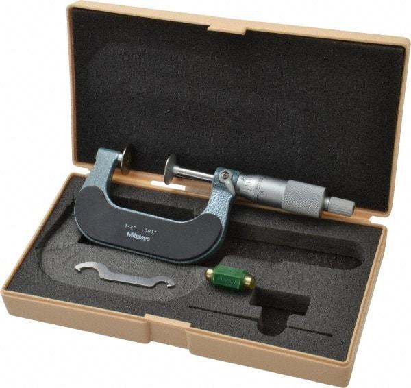 Mitutoyo - 1 to 2 Inch, 0.001 Inch Graduation, Ratchet Stop Thimble, Mechanical Disc Micrometer - 0.0002 Inch Accuracy, 20mm Disc, 6.35mm Spindle - Americas Industrial Supply