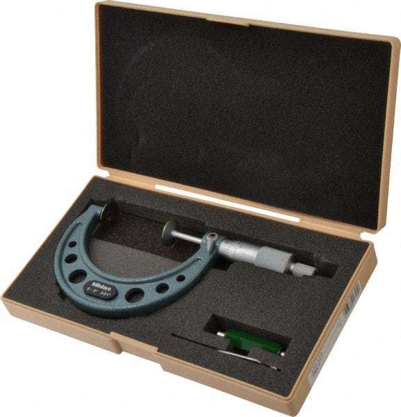 Mitutoyo - 2 to 3 Inch, 0.001 Inch Graduation, Ratchet Stop Thimble, Mechanical Disc Micrometer - 0.0003 Inch Accuracy, 20mm Disc, 6.35mm Spindle - Americas Industrial Supply