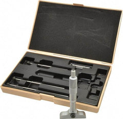 Mitutoyo - 0 to 100mm Range, 4 Rod, Satin Chrome Finish Mechanical Depth Micrometer - Ratchet Stop Thimble, 63.5mm Base Length, 0.01mm Graduation, 4mm Rod Diam - Americas Industrial Supply