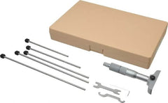 Mitutoyo - 0 to 150mm Range, 6 Rod, Satin Chrome Finish Mechanical Depth Micrometer - Ratchet Stop Thimble, 63.5mm Base Length, 0.01mm Graduation, 4mm Rod Diam - Americas Industrial Supply