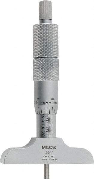 Mitutoyo - 0 to 4" Range, 4 Rod, Satin Chrome Finish Mechanical Depth Micrometer - Ratchet Stop Thimble, 2-1/2" Base Length, 0.01mm Graduation, 4mm Rod Diam - Americas Industrial Supply