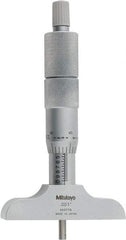 Mitutoyo - 0 to 4" Range, 4 Rod, Satin Chrome Finish Mechanical Depth Micrometer - Ratchet Stop Thimble, 2-1/2" Base Length, 0.01mm Graduation, 4mm Rod Diam - Americas Industrial Supply