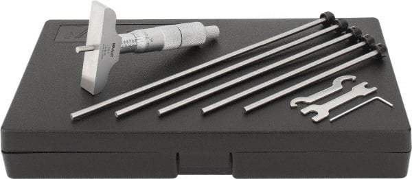 Mitutoyo - 0 to 6" Range, 6 Rod, Satin Chrome Finish Mechanical Depth Micrometer - Ratchet Stop Thimble, 2-1/2" Base Length, 0.01mm Graduation, 4mm Rod Diam - Americas Industrial Supply