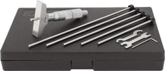 Mitutoyo - 0 to 6" Range, 6 Rod, Satin Chrome Finish Mechanical Depth Micrometer - Ratchet Stop Thimble, 2-1/2" Base Length, 0.01mm Graduation, 4mm Rod Diam - Americas Industrial Supply