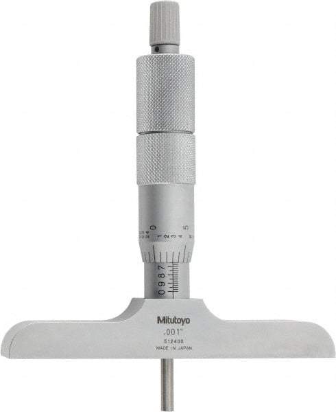 Mitutoyo - 0 to 4" Range, 4 Rod, Satin Chrome Finish Mechanical Depth Micrometer - Ratchet Stop Thimble, 4" Base Length, 0.01mm Graduation, 4mm Rod Diam - Americas Industrial Supply