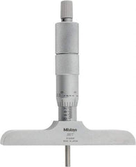 Mitutoyo - 0 to 4" Range, 4 Rod, Satin Chrome Finish Mechanical Depth Micrometer - Ratchet Stop Thimble, 4" Base Length, 0.01mm Graduation, 4mm Rod Diam - Americas Industrial Supply