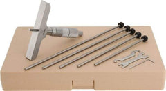 Mitutoyo - 0 to 6" Range, 6 Rod, Satin Chrome Finish Mechanical Depth Micrometer - Ratchet Stop Thimble, 4" Base Length, 0.01mm Graduation, 4mm Rod Diam - Americas Industrial Supply
