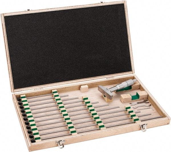 Mitutoyo - 0 to 12" Range, 12 Rod, Satin Chrome Finish Mechanical Depth Micrometer - Ratchet Stop Thimble, 2-1/2" Base Length, 0.01mm Graduation, 4mm Rod Diam - Americas Industrial Supply