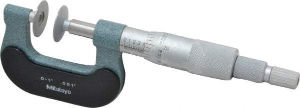 Mitutoyo - 0 to 1 Inch, 0.001 Inch Graduation, Ratchet Stop Thimble, Mechanical Disc Micrometer - 0.0002 Inch Accuracy, 0.7874 Inch Disc, 8mm Spindle, 0.0001 Inch Resolution - Americas Industrial Supply