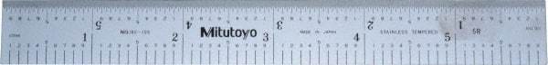 Mitutoyo - 6" Long, 1/100, 1/64, 1/32, 1/10" Graduation, Rigid Stainless Steel Rule - 5R Graduation Style, 3/4" Wide, Silver, Satin Chrome Finish - Americas Industrial Supply