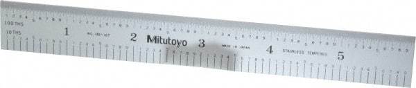 Mitutoyo - 6" Long, 1/100, 1/10" and 0.5, 1mm Graduation, Rigid Stainless Steel Rule - Decimal/Metric Graduation Style, 3/4" Wide, Silver, Satin Chrome Finish - Americas Industrial Supply