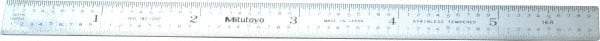 Mitutoyo - 6" Long, 1/100, 1/64, 1/50, 1/32" Graduation, Flexible Stainless Steel Rule - 16R Graduation Style, 1/2" Wide, Silver, Satin Chrome Finish - Americas Industrial Supply