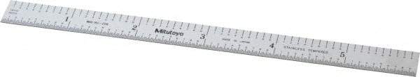 Mitutoyo - 6" Long, 1/50, 1/10" and 0.5, 1mm Graduation, Flexible Stainless Steel Rule - Decimal/Metric Graduation Style, 1/2" Wide, Silver, Satin Chrome Finish - Americas Industrial Supply