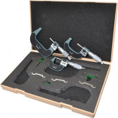 Mitutoyo - 0 to 3" Range, 3 Piece Mechanical Outside Micrometer Set - 0.0001" Graduation, 0.0001" Accuracy, Friction (0 to 2"), Ratchet Stop (2 to 3") Thimble, Carbide Tipped Face - Americas Industrial Supply