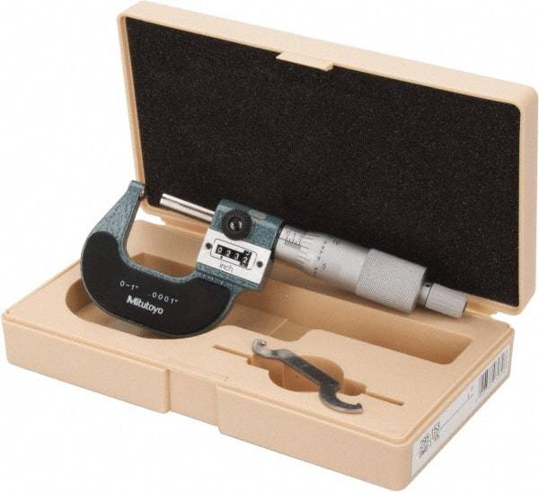 Mitutoyo - 1 Inch Max Measurement, 0.0001 Inch Graduation, Spherical Face Micrometer - Accuracy Up to 0.0002 Inch, Baked Enamel Coated, Steel Measuring Face Material, Mechanical Operation, Ratchet Stop Thimble, Ball - Americas Industrial Supply