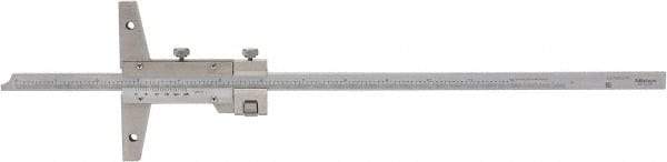 Mitutoyo - 0 to 12 Inch Measurement Range, 410mm Rule Length, 4 Inch Base Length, Vernier Depth Gage - 0.001 Inch Graduation, Accurate to 0.0015 Inch, Stainless Steel, Satin Chrome Coated - Americas Industrial Supply