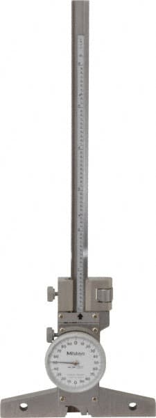 Mitutoyo - 0 to 6 Inch Range, Stainless Steel, White Dial Depth Gage - 0.001 Inch Graduation, 0.001 Inch Accuracy, 4 Inch Base Measuring Length - Americas Industrial Supply