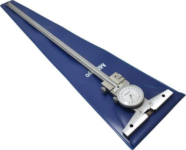 Mitutoyo - 0 to 12 Inch Range, Stainless Steel, White Dial Depth Gage - 0.0015 Inch Graduation, 0.0015 Inch Accuracy, 4 Inch Base Measuring Length - Americas Industrial Supply