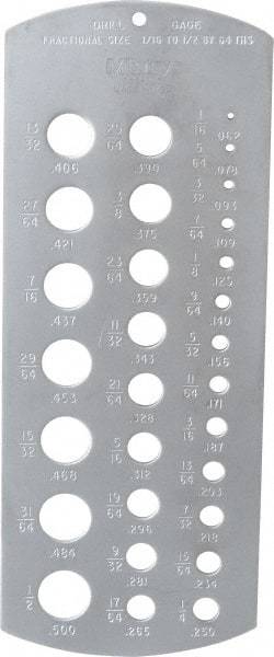 Mitutoyo - 1/16 Inch to 1/2 Inch Hole Size Drill Gage - 6-3/8 Inch Long, 2-1/2 Inch Wide, 29 Holes - Americas Industrial Supply
