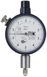 Mitutoyo - 0.025" Range, 0-5-0 Dial Reading, 0.0001" Graduation Dial Drop Indicator - 1-5/8" Dial, 0.01" Range per Revolution, 0.0001" Accuracy, Revolution Counter - Americas Industrial Supply