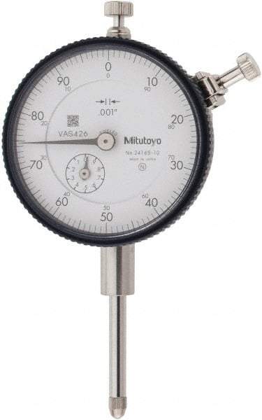 Mitutoyo - 1" Range, 0-100 Dial Reading, 0.001" Graduation Dial Drop Indicator - 2-3/16" Dial, 0.1" Range per Revolution, 0.002" Accuracy, Revolution Counter - Americas Industrial Supply