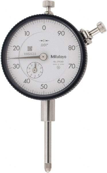 Mitutoyo - 1" Range, 100-0 Dial Reading, 0.001" Graduation Dial Drop Indicator - 2-1/4" Dial, 0.1" Range per Revolution, 0.002" Accuracy, Revolution Counter - Americas Industrial Supply