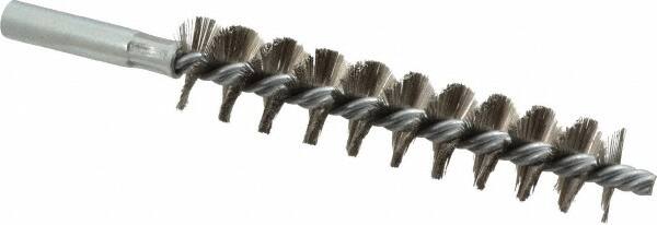 Schaefer Brush - 4" Brush Length, 7/8" Diam, Double Stem, Single Spiral Tube Brush - 6-1/4" Long, Stainless Steel, 12-24 Female Connection - Americas Industrial Supply