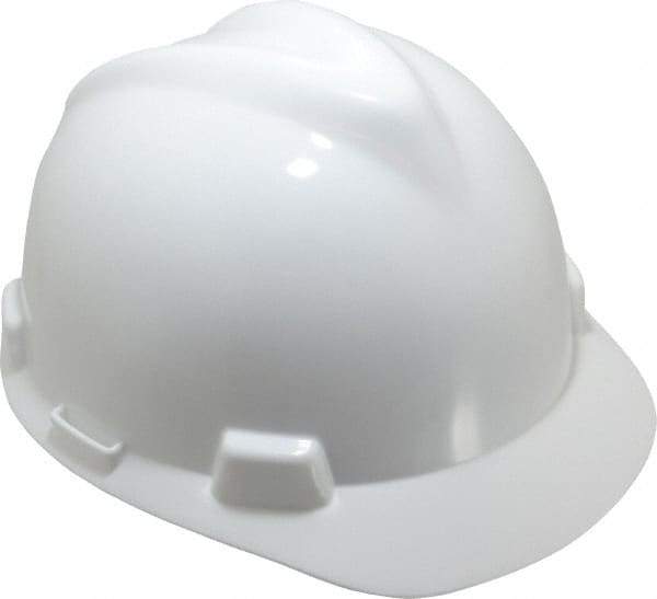 MSA - ANSI Type I, Class E Rated, 8-Point, Pin Lock Adjustment Hard Hat - One Size Fits Most, White, Standard Brim - Americas Industrial Supply