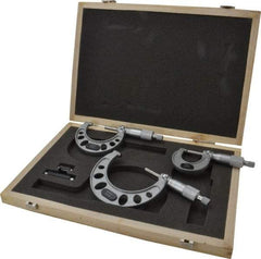 Value Collection - 0 to 75mm Range, 3 Piece Mechanical Outside Micrometer Set - 0.01mm Graduation, 0.005mm Accuracy, Ratchet Stop Thimble, Steel Face - Americas Industrial Supply