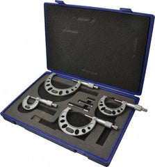 Value Collection - 0 to 100mm Range, 4 Piece Mechanical Outside Micrometer Set - 0.01mm Graduation, 0.005mm Accuracy, Ratchet Stop Thimble, Steel Face - Americas Industrial Supply