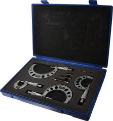 Value Collection - 0 to 4" Range, 4 Piece Mechanical Outside Micrometer Set - 0.0001" Graduation, 0.0001" Accuracy, Ratchet Stop Thimble, Steel Face - Americas Industrial Supply