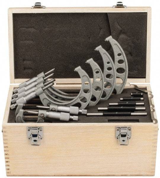 Value Collection - 0 to 6" Range, 6 Piece Mechanical Outside Micrometer Set - 0.0001" Graduation, 0.0001" Accuracy, Ratchet Stop Thimble, Steel Face - Americas Industrial Supply
