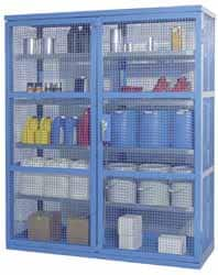 Denios - 2 Door, 8 Shelf, Blue Steel Caged Containment Shelving Safety Cabinet for Corrosive Chemicals - 87" High x 74" Wide x 28" Deep, Manual Closing Door - Americas Industrial Supply