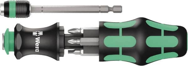 Wera - 8 Piece Bit Screwdriver - Phillips, Slotted, Square, with Storage - Americas Industrial Supply