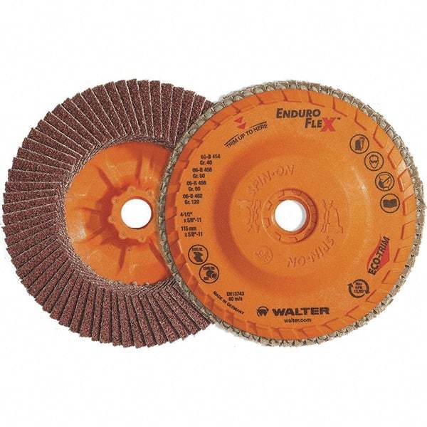 WALTER Surface Technologies - 60 Grit, 7" Disc Diam, 7/8" Center Hole, Zirconia Alumina Flap Disc - 8,600 Max RPM, Plastic Backing, Arbor Attaching System, Coated - Americas Industrial Supply