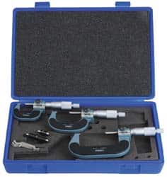 Fowler - 0 to 3" Range, 3 Piece Mechanical Outside Micrometer Set - 0.0001" Graduation, 0.00005 (0 to 1), 0.0001 (1 to 3)" Accuracy, Ratchet Stop Thimble, Carbide Tipped Face - Americas Industrial Supply