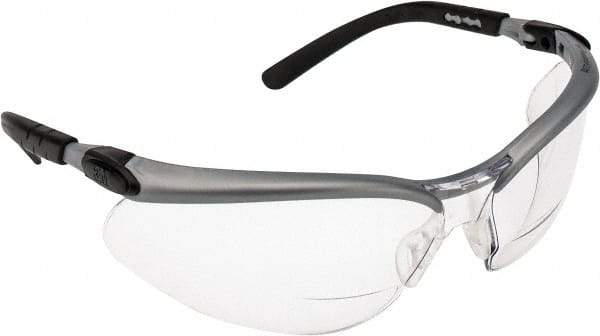 3M - +2, Clear Lenses, Scratch Resistant, Framed Magnifying Safety Glasses - UV Protection, Adjustable Temples, Silver/Black Plastic Frame, ANSI Z87.1-2010 - Americas Industrial Supply