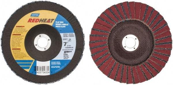 Norton - 36 Grit, 7" Disc Diam, 7/8" Center Hole, Type 29 Ceramic Flap Disc - 8,600 Max RPM, Fiberglass Backing, Arbor Attaching System, Coated - Americas Industrial Supply