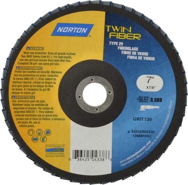 Norton - 120 Grit, 7" Disc Diam, 7/8" Center Hole, Type 29 Ceramic Flap Disc - 8,600 Max RPM, Fiberglass Backing, Arbor Attaching System, Coated - Americas Industrial Supply