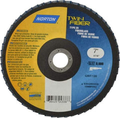 Norton - 120 Grit, 7" Disc Diam, 7/8" Center Hole, Type 29 Ceramic Flap Disc - 8,600 Max RPM, Fiberglass Backing, Arbor Attaching System, Coated - Americas Industrial Supply