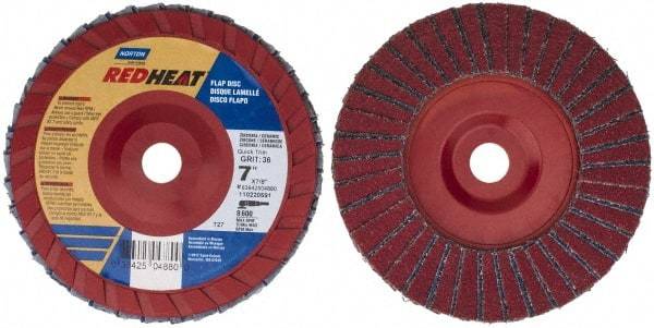 Norton - 36 Grit, 7" Disc Diam, 7/8" Center Hole, Type 27 Ceramic Flap Disc - 8,600 Max RPM, Plastic Backing, Arbor Attaching System, Coated - Americas Industrial Supply