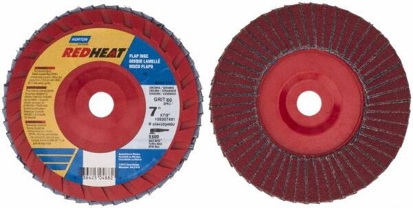 Norton - 60 Grit, 7" Disc Diam, 7/8" Center Hole, Type 27 Ceramic Flap Disc - 8,600 Max RPM, Plastic Backing, Arbor Attaching System, Coated - Americas Industrial Supply