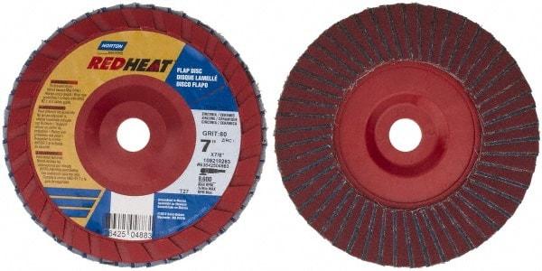 Norton - 80 Grit, 7" Disc Diam, 7/8" Center Hole, Type 27 Ceramic Flap Disc - 8,600 Max RPM, Plastic Backing, Arbor Attaching System, Coated - Americas Industrial Supply