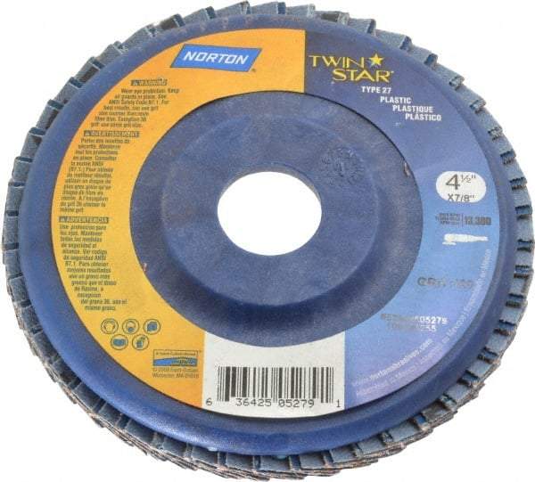 Norton - 120 Grit, 4-1/2" Disc Diam, 7/8" Center Hole, Type 27 Ceramic Flap Disc - 13,000 Max RPM, Plastic Backing, Arbor Attaching System, Coated - Americas Industrial Supply