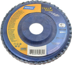Norton - 120 Grit, 4-1/2" Disc Diam, 7/8" Center Hole, Type 27 Ceramic Flap Disc - 13,000 Max RPM, Plastic Backing, Arbor Attaching System, Coated - Americas Industrial Supply