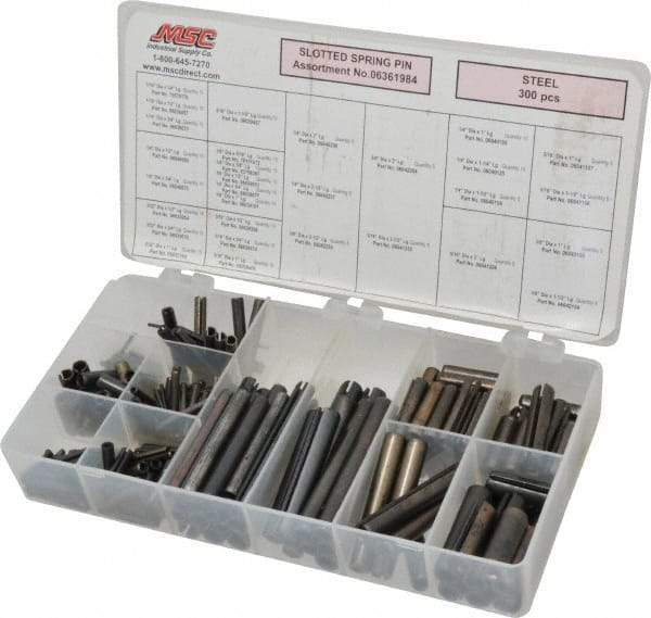 Made in USA - 300 Piece, 1/16 to 3/8" Pin Diam, Spring Pin Assortment - Steel - Americas Industrial Supply