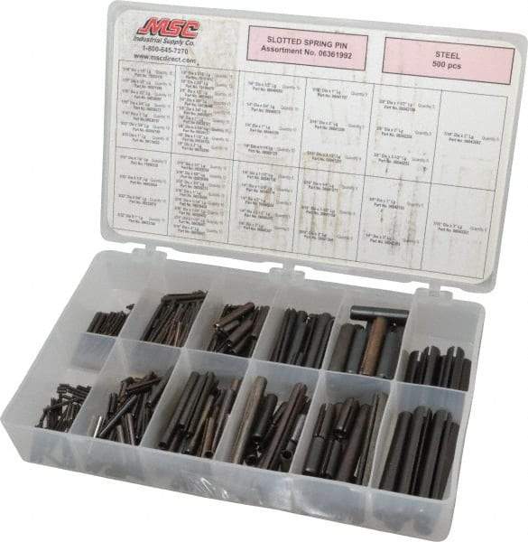 Made in USA - 500 Piece, 1/16 to 7/16" Pin Diam, Spring Pin Assortment - Steel - Americas Industrial Supply